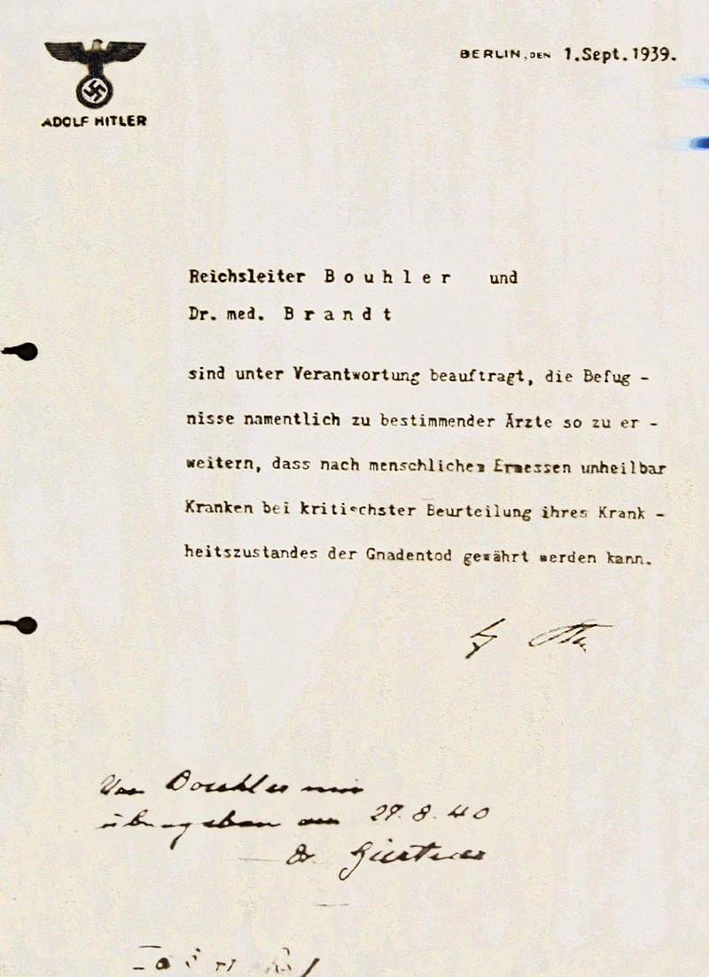 Povolenie Adolfa Hitlera na začatie Programu T4. 