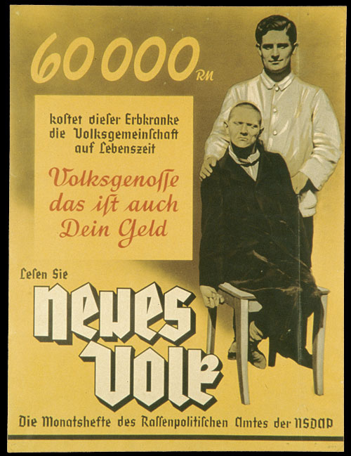 Nemecký propagandistický plagát z obdobia okolo roku 1938. Na obrázku sú dvaja muži: jeden so zdravotným postihnutím, druhý bez neho. Na plagáte je uverejnený text, ktorý nájdete v popise nižšie. 