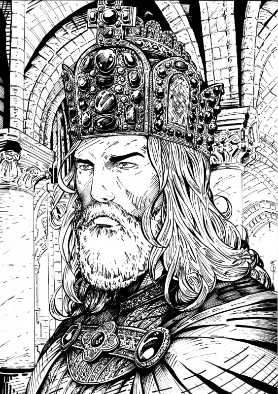 Kráľ Karel IV. v komikse, čiernobiela kresba