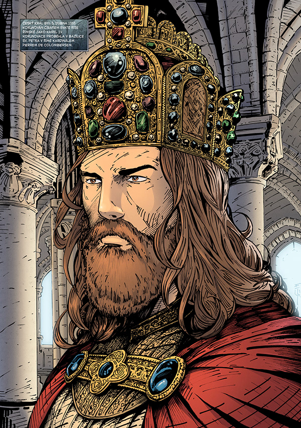 Kráľ Karel IV. v komikse, farebná kresba 