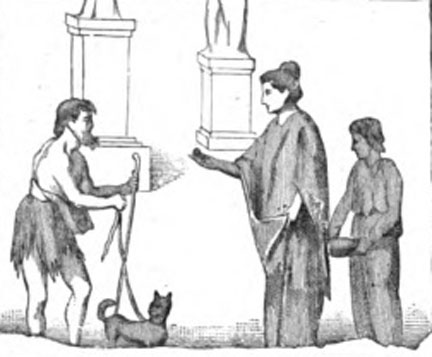  Na obrázku je muž s palicou v ruke a malým psom na vôdzke. Muž sa palicou dotýka zeme ďaleko pred sebou. Oproti nemu stoja muž a žena. 