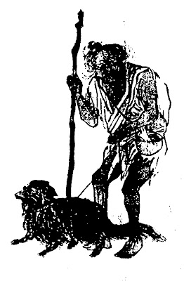 Na čiernobielej kresbe je stojaci muž s palicou v ruke. V druhej ruke drží psa na vôdzke. Detaily mužovej tváre nie sú zobrazené. 