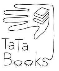 Logo projektu TaTaBooks. Logo je kreslené, čiernobiele, zobrazuje ruku s knihami. Pod rukou je názov projektu, ktorý je s ňou spojený čiernou líniou. Dve písmenká o v slove books sú nakreslené ako zatvorené oči s mihalnicami. 