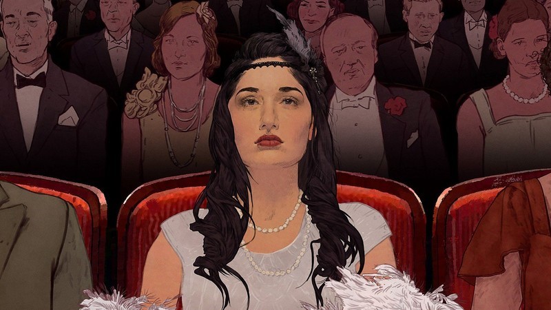Záber z animovanej scény z filmu. V hľadisku vidíme mladú ženu s tmavými dlhými vlasmi v bielych elegantných šatách a perlovým náhrdelníkom na krku. Ostatní diváci sú menej výrazní. 