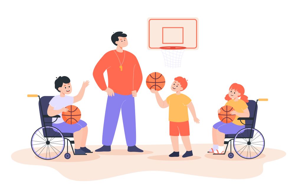 Kreslený farebný obrázok, na ktorom je učiteľ s píšťalkou na krku, na stene visí basketbalový kôš, okolo učiteľa sú tri deti s basketbalovými loptami v rukách. Dve z nich sú na invalidných vozíkoch. 