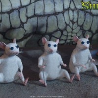 Fotografia z rozprávky Shrek. Záber na tri slepé myšky s tmavými okuliarmi a bielymi palicami. 