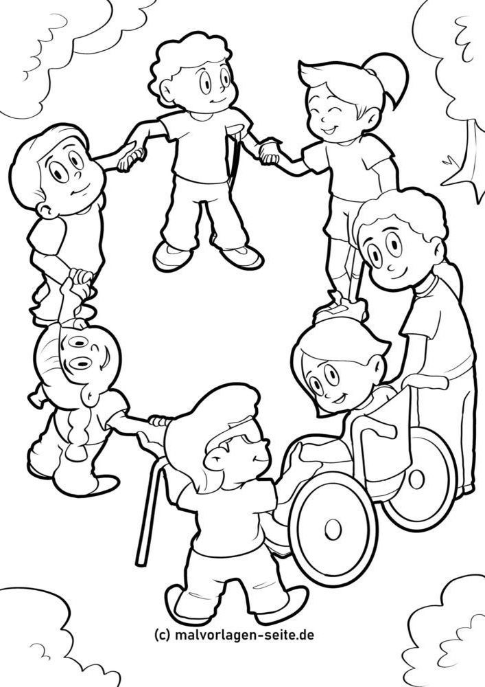 Maľovanka. V parku stojí 7 usmiatych detí v kruhu, jedno je na invalidnom vozíku, druhé má v ruke opornú palicu, tretie sa podopiera barlou. 