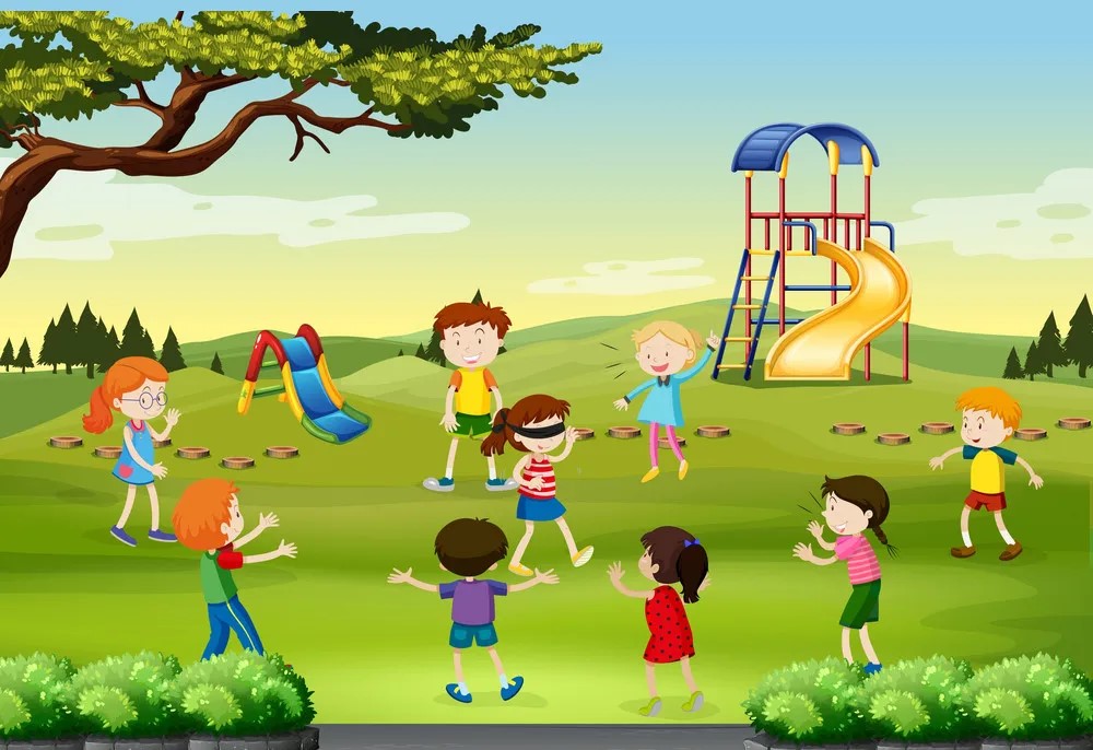  Farebný kreslený obrázok, na ktorom sa skupina detí v parku hrá na slepú babu. 
