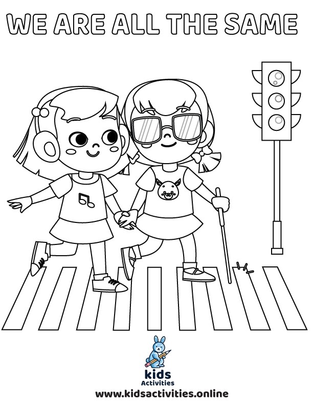 Maľovanka. Dve dievčatá kráčajú cez priechod pre chodcov držiac sa za ruky. Jedno z nich má tmavé okuliare a bielu palicu.