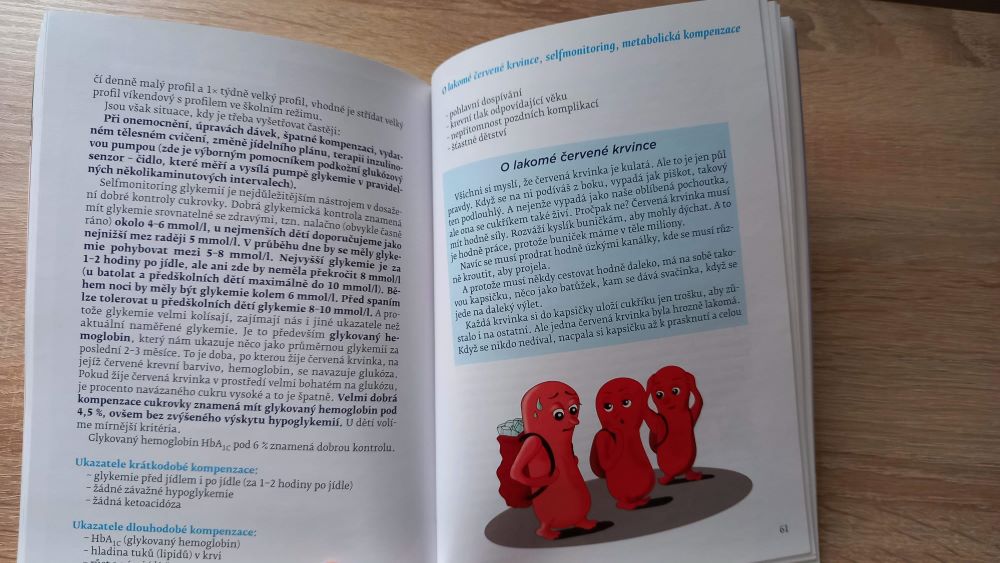 Záber na otvorenú knihu, na ľavej strane je ilustrácia troch červených krviniek s batôžkami na pleciach.  