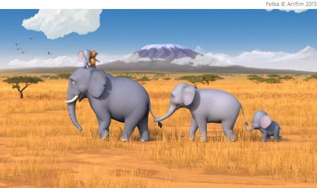 Na obrázku kráča po africkej savane kreslená slonia rodinka. Tri slony zoradené od najväčšieho po najmenšieho sa držia chvostami a chobotmi. Na hlave najväčšieho slona je maličký sloník s hračkou v labe. Za nimi v diaľke vidno Kilimanjaro. 