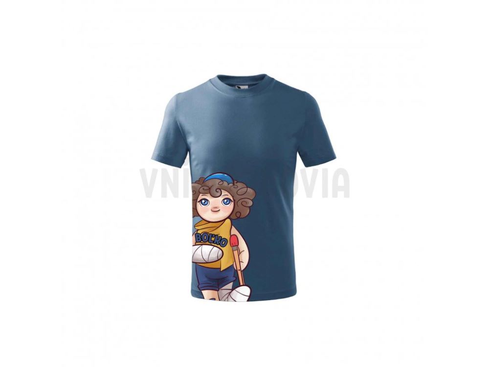 Na fotografii je detské tričko modrej farby s motívom Boľka.