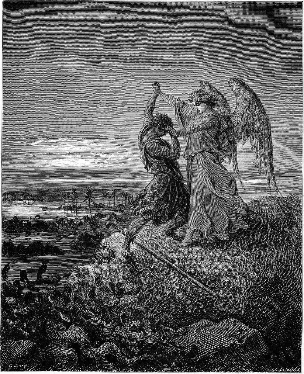 Na fotografii je čiernobiela perokresba. Na vyvýšenom mieste stoja dve zápasiace postavy – muž a anjel. Obaja majú na sebe voľné oblečenie z ľahkej látky.