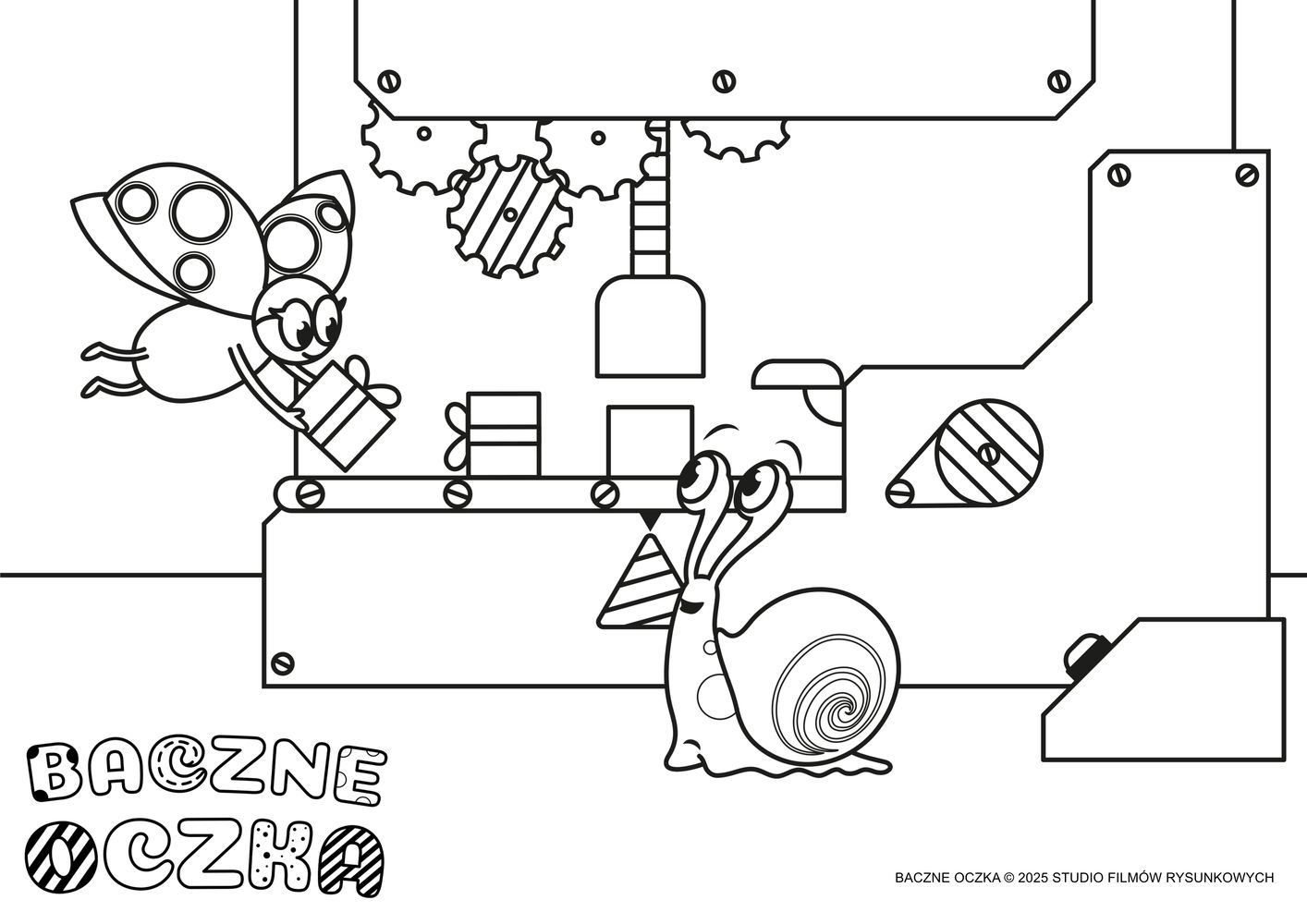  Čierno biely obrázok pozostávajúci len z kontúr. Lienka a slimák sa dívajú na zložitý stroj s ozubenými kolieskami. Lienka vkladá do stroja zabalené darčeky. V ľavom dolnom rohu je text Baczne oczka. 