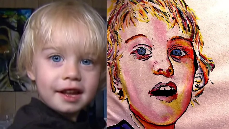 V ľavej časti obrázka je fotografia dvoj- trojročného dieťaťa so svetlými vlasmi, modrými očami a úsmevom na tvári. Na pravej strane je jeho verný veľmi detailne prepracovaný portrét. 
