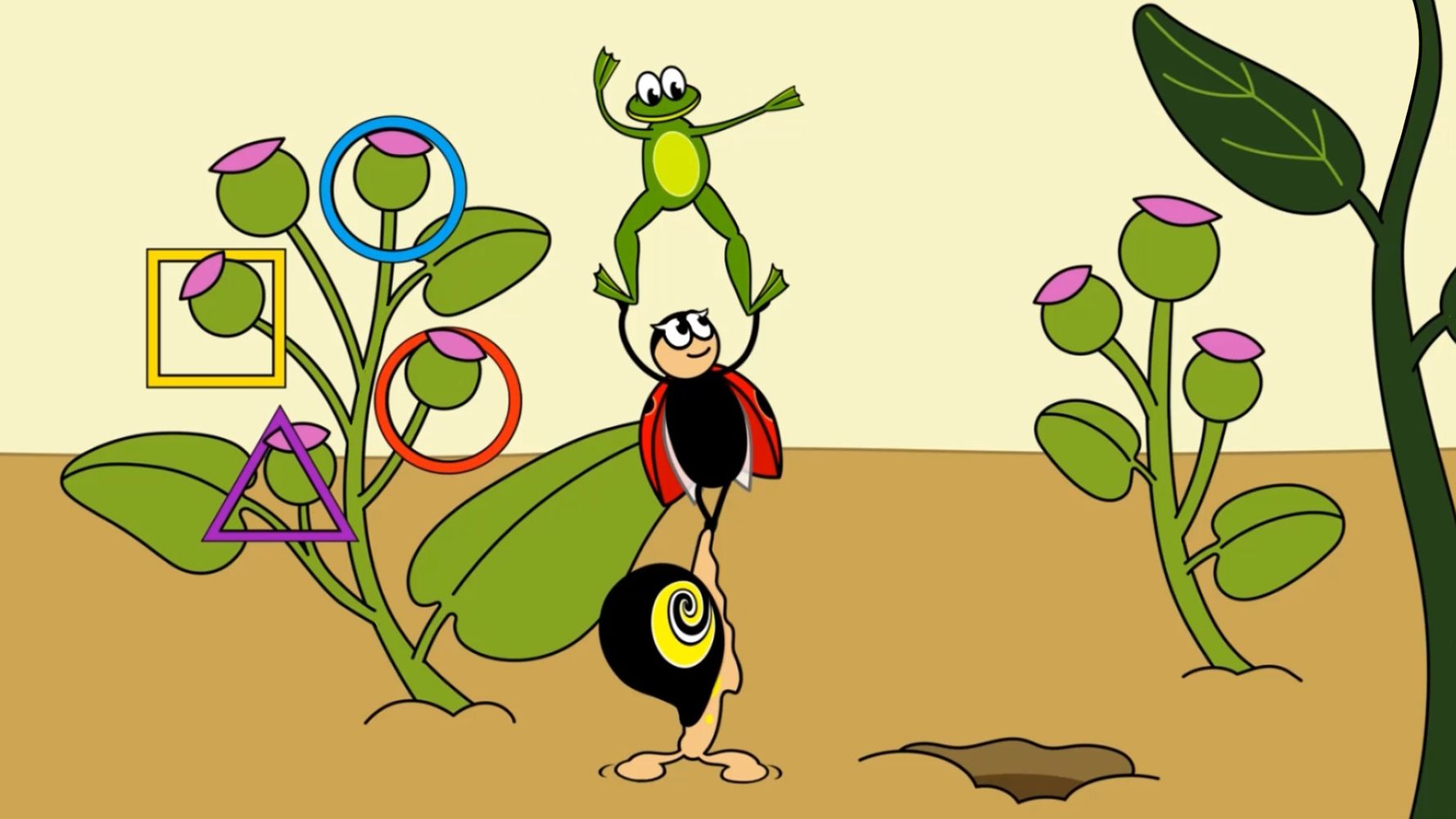 Slimák, lienka a žabka tvoria „rebrík“. Najnižšie stojí na tykadlách slimák, na chvoste mu balansuje lienka, ktorej na vzpažených rukách stojí žabka. Po oboch ich stranách rastú veľké rastliny s fialovými kvetmi, pripomínajúce bodliaky. Na kvetoch jednej rastliny visia geometrické útvary – fialový trojuholník, červený kruh, žltý štvorec a modrý kruh. Pozadie je znova jednoduché, zem je hnedá, plocha nad ňou béžová. 