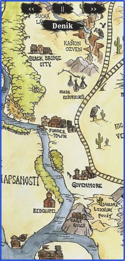 Kreslená mapa na ktorej vidieť modrú rieku, zelené lesy a hnedé mestečká, kaplnku. Krajina je púštnatá s kaktusmi a zo severu na juh sa vinie železnica.